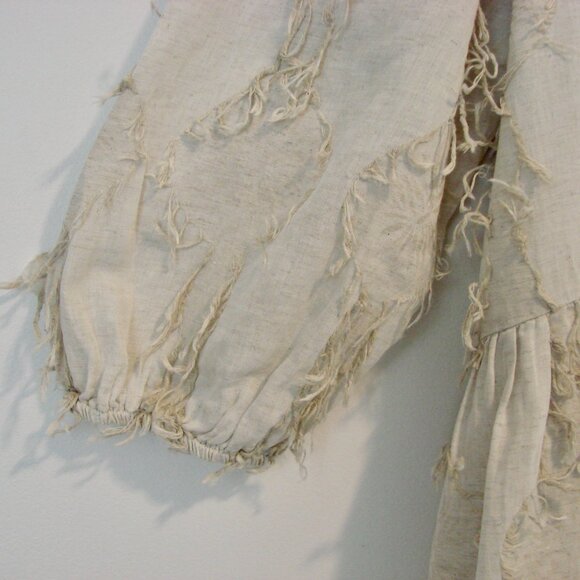 Zara Linen Blend Peplum Top Boho Hippie Fringe Puff Sleeve Natural Beige Small - Picture 11 of 16